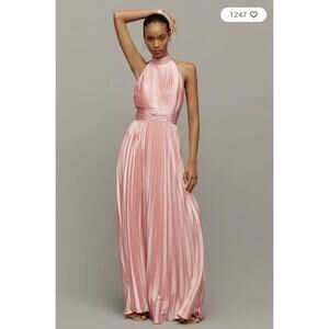 Anthropologie Mac Duggal Halter Pleated Maxi Dress in Pink Size 12 NWT $498